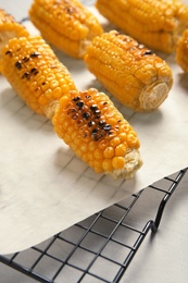 Photo of Cooling rack with grilled corn cobs on light background