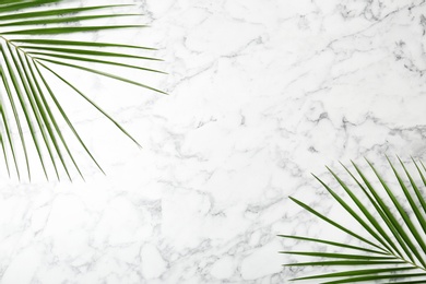 Fresh tropical date palm leaves on marble background, top view