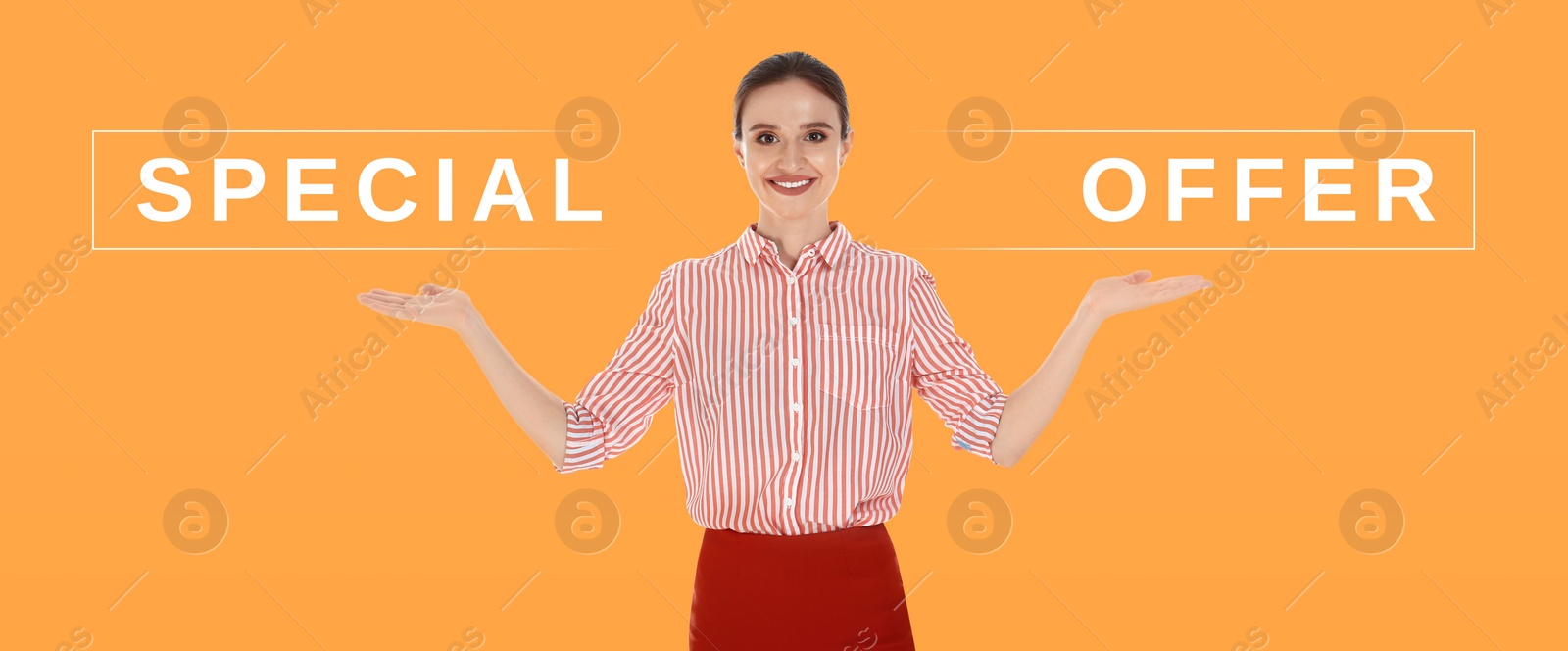 Image of Special offer. Happy seller on orange background, banner design