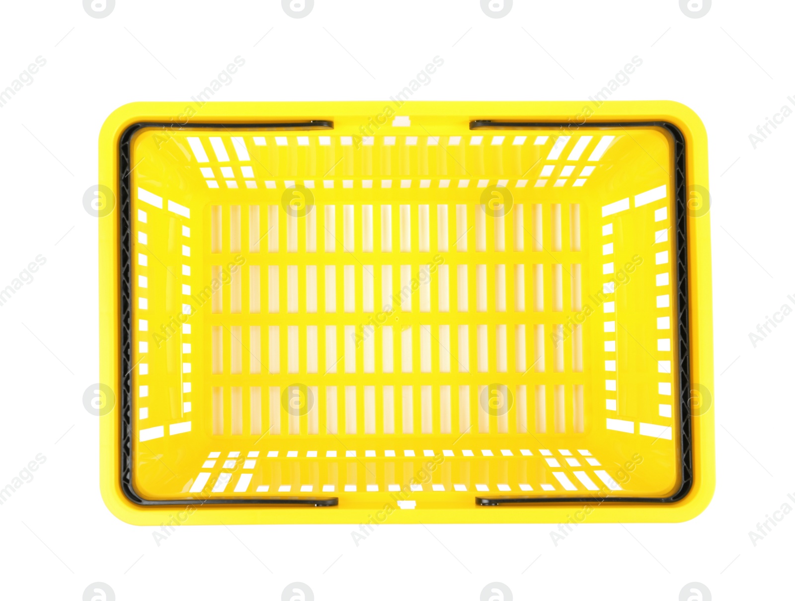 Photo of Plastic shopping basket on white background, top view