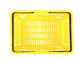 Photo of Plastic shopping basket on white background, top view