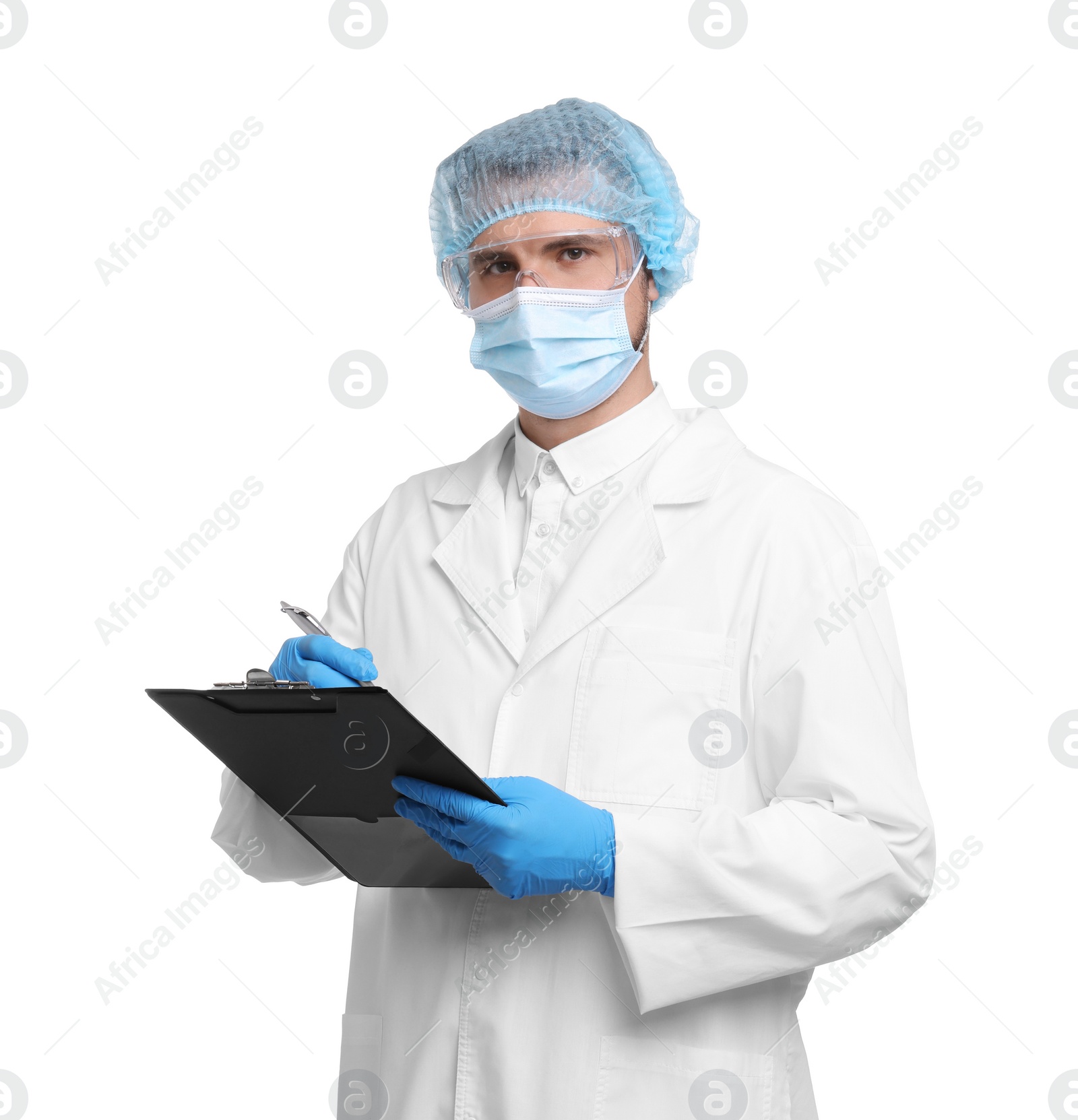 Photo of Quality control. Food inspector with clipboard on white background