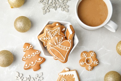 Photo of Bowl with tasty homemade Christmas cookies on table