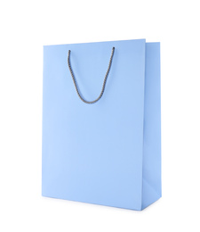 Photo of Blue paper shopping bag isolated on white