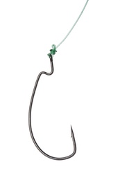 Photo of Fishing hook on white background. Angling equipment