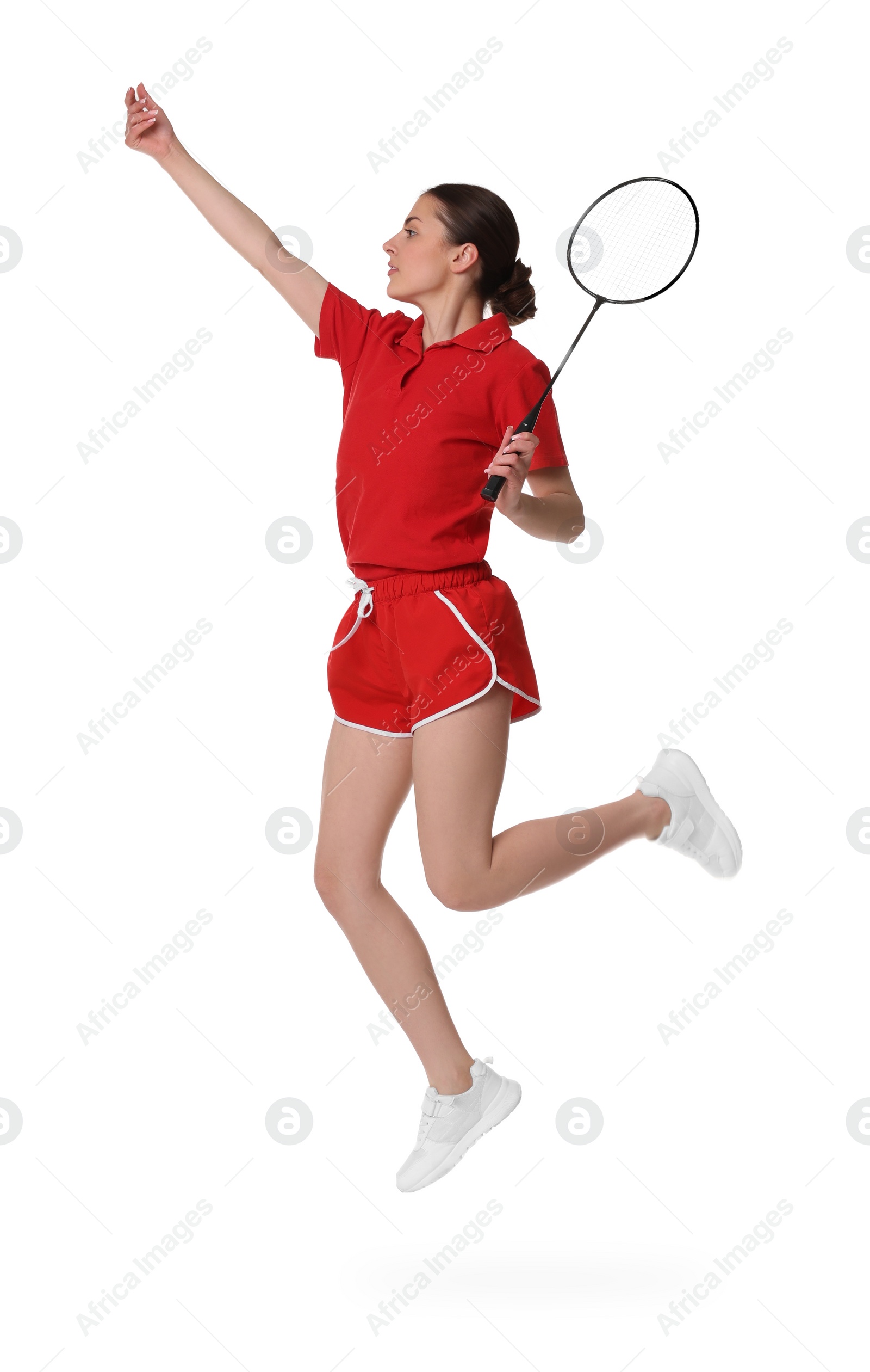 Photo of Young woman playing badminton with racket on white background