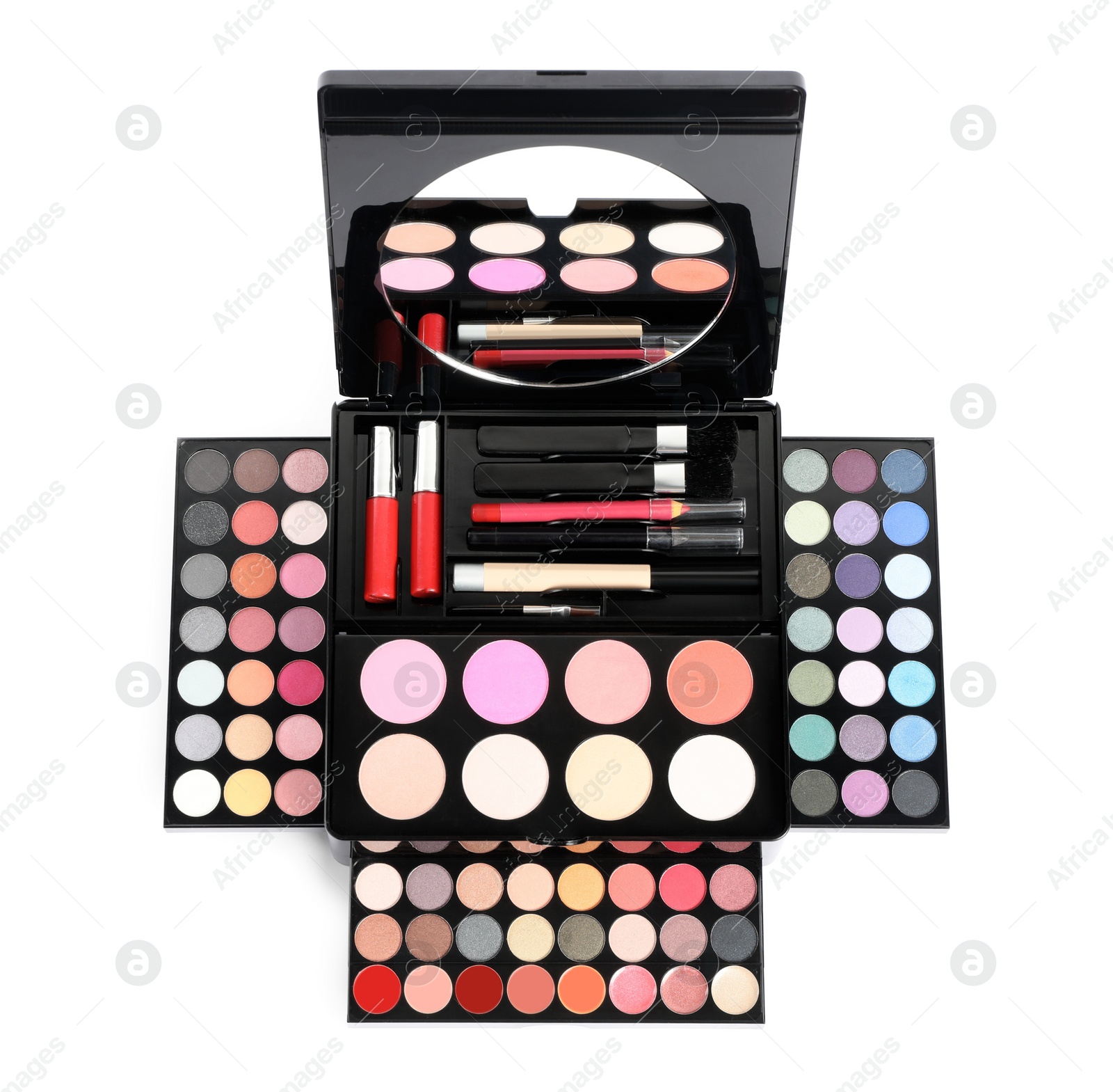 Photo of Portable beauty case with different makeup products, brushes and mirror isolated on white, top view