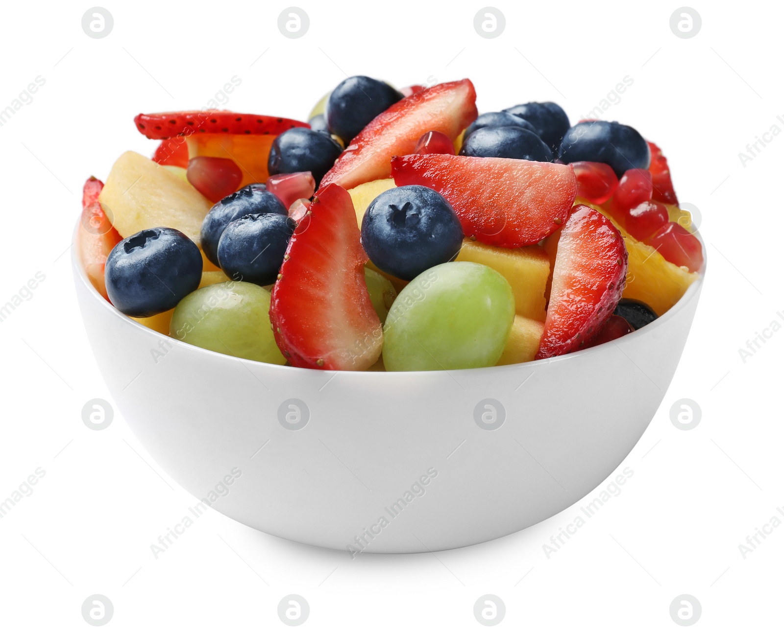 Photo of Tasty fruit salad in bowl isolated on white