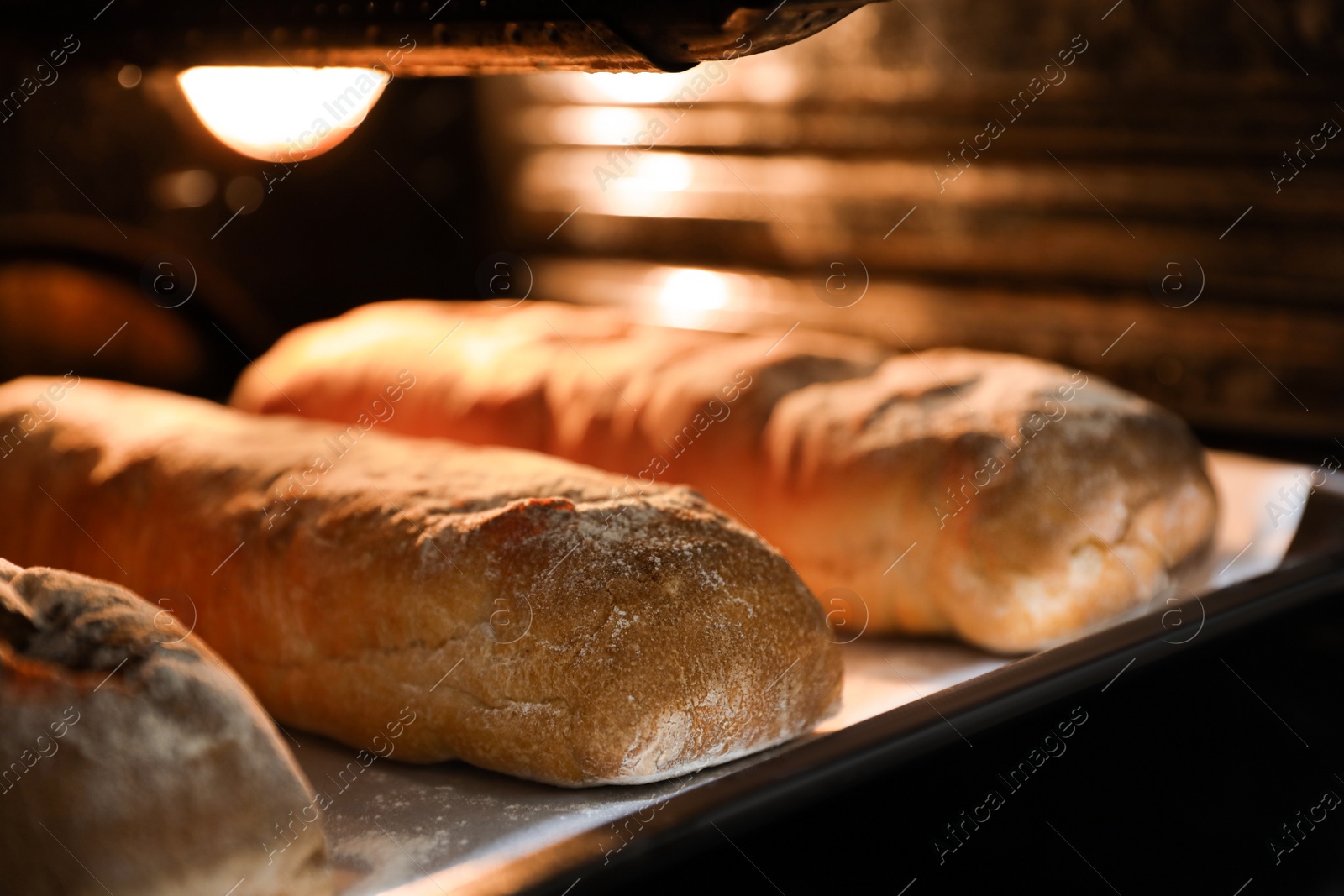 Photo of Cooking fresh crispy ciabattas in oven, closeup