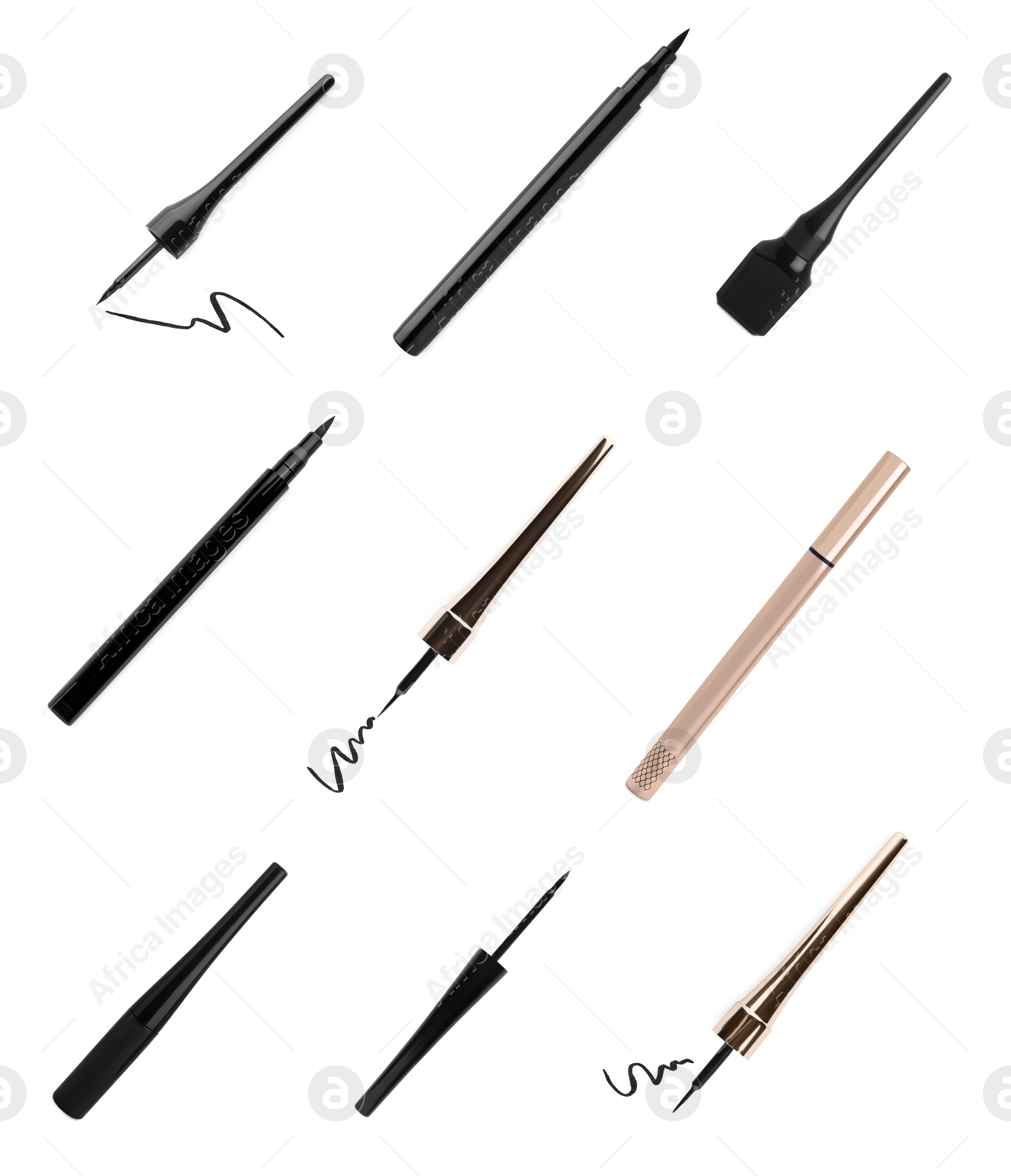 Image of Collage with different eyeliners and strokes on white background, top view