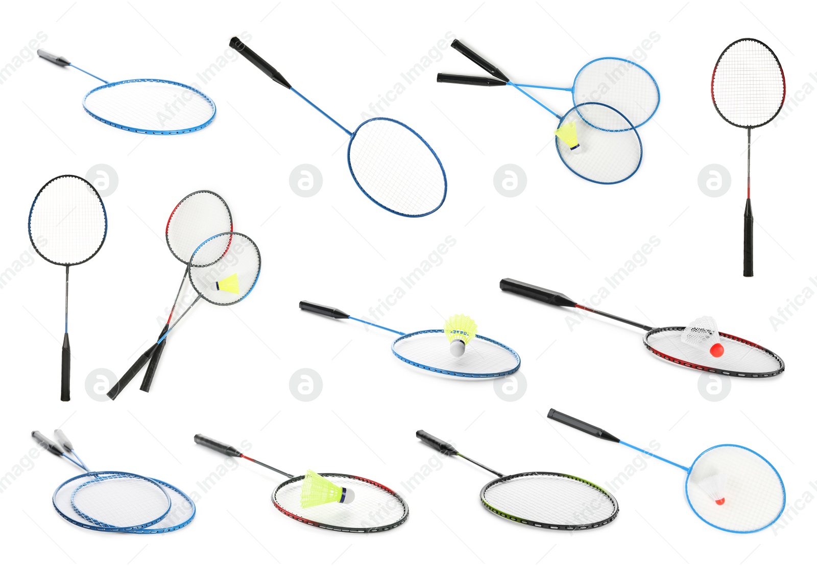 Image of Set with rackets and shuttlecocks on white background. Badminton equipment