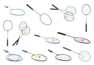 Image of Set with rackets and shuttlecocks on white background. Badminton equipment