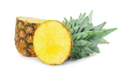 Photo of Cut fresh juicy pineapple on white background