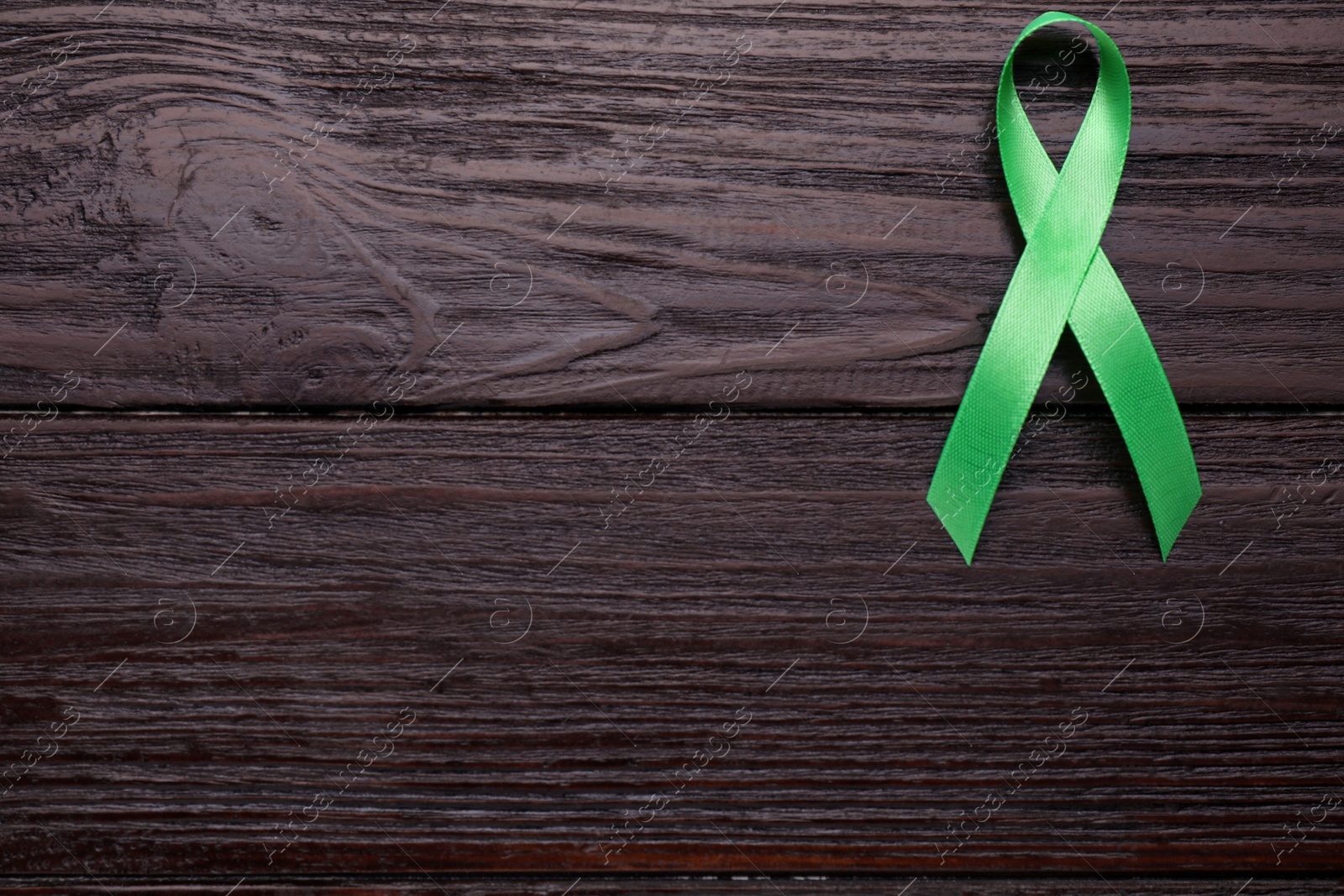 Photo of World Mental Health Day. Green ribbon on wooden background, top view with space for text