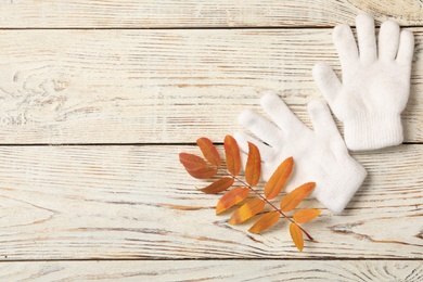Stylish woolen gloves and dry leaves on white wooden table, flat lay. Space for text
