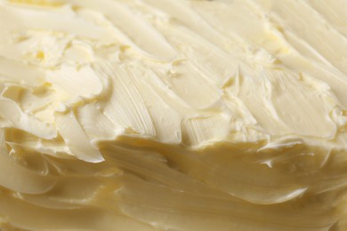 Photo of Tasty homemade butter as background, closeup view