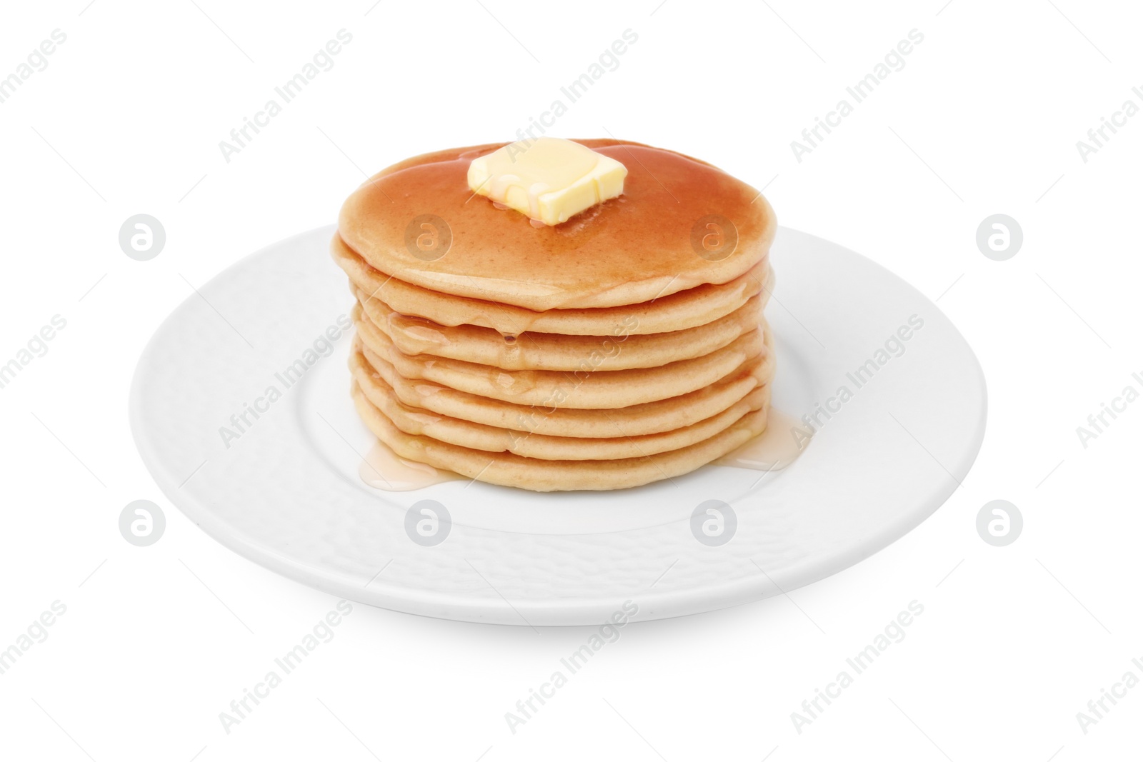 Photo of Delicious pancakes with honey and butter isolated on white