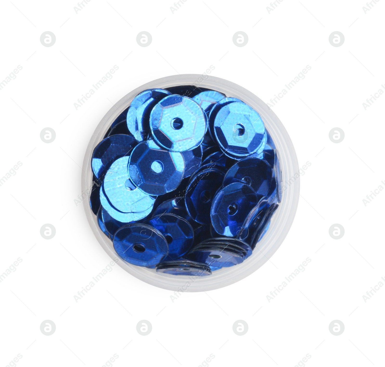 Photo of Blue sequins on white background, top view