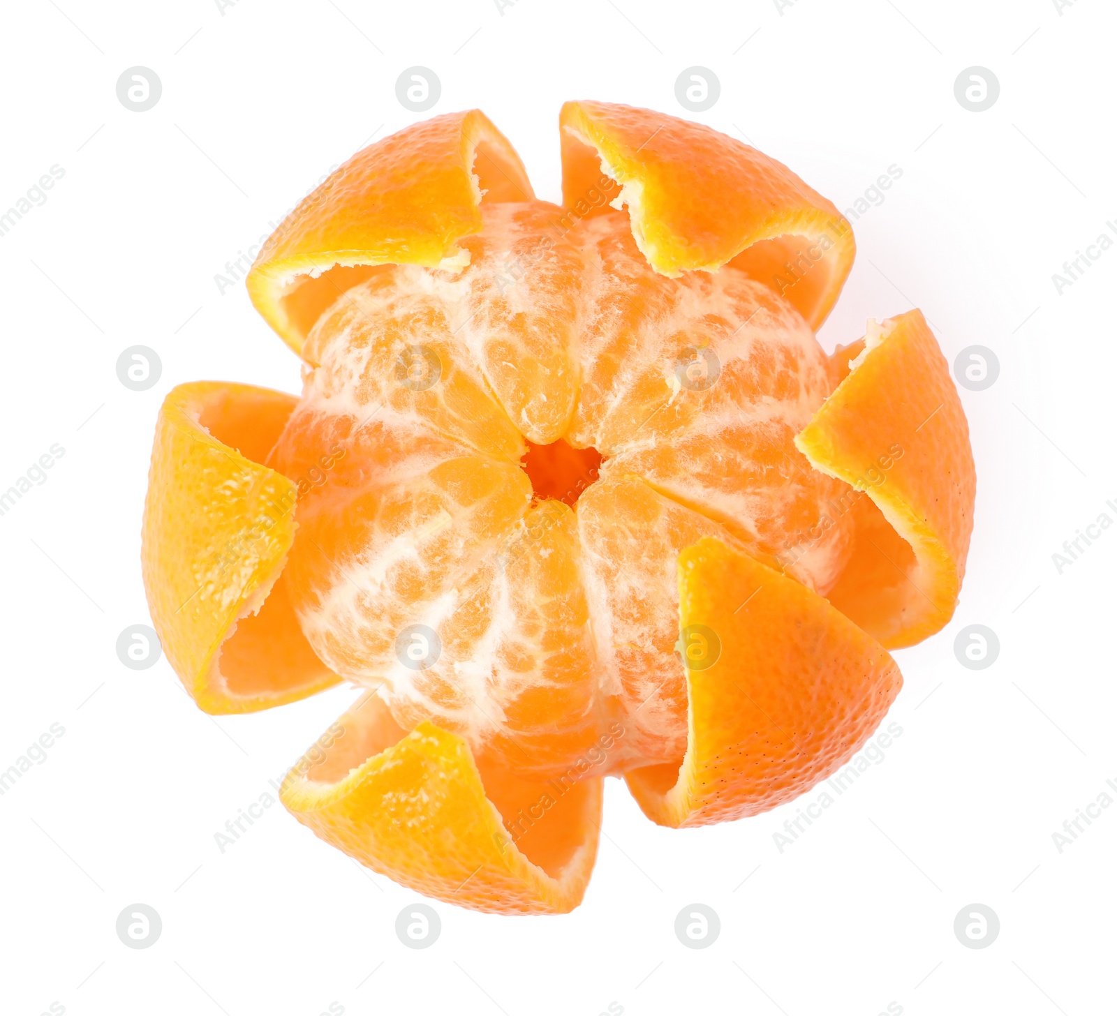 Photo of One fresh ripe tangerine isolated on white, top view