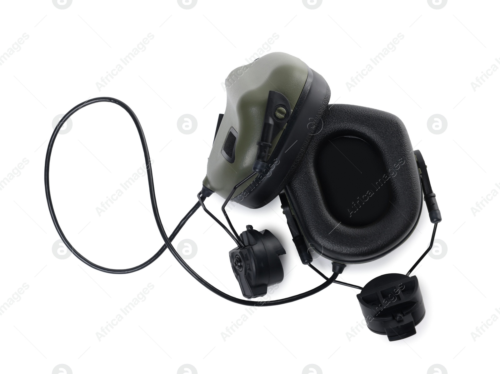 Photo of Tactical headphones on white background, top view. Military training equipment