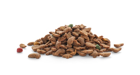 Pile of dry pet food on white background