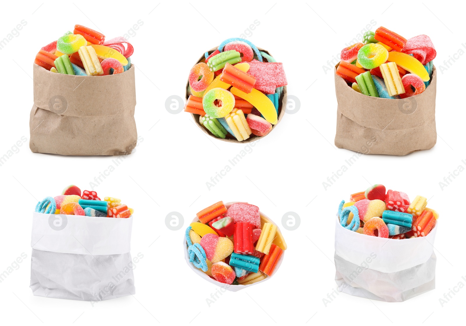 Image of Collage with paper bags of tasty jelly candies on white background, different sides