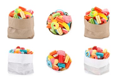 Image of Collage with paper bags of tasty jelly candies on white background, different sides