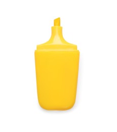 Photo of One yellow marker on white background, top view