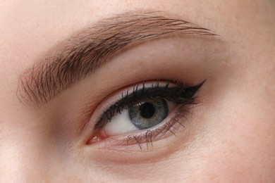 Photo of Makeup product. Woman with black eyeliner and beautiful eyebrow, closeup