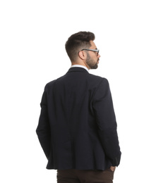Photo of Young businessman in suit on white background