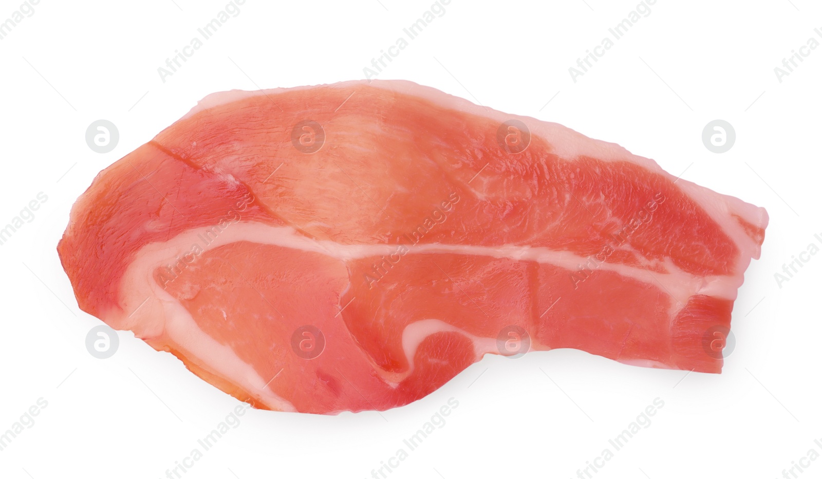 Photo of Slice of delicious jamon isolated on white, top view