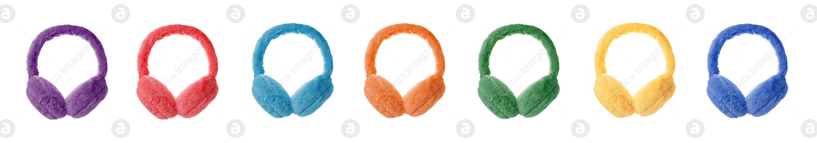 Image of Set with different colorful soft earmuffs on white background. Banner design