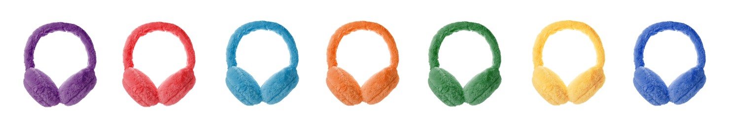 Image of Set with different colorful soft earmuffs on white background. Banner design