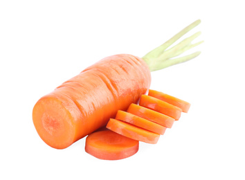 Photo of Sliced fresh ripe carrot isolated on white