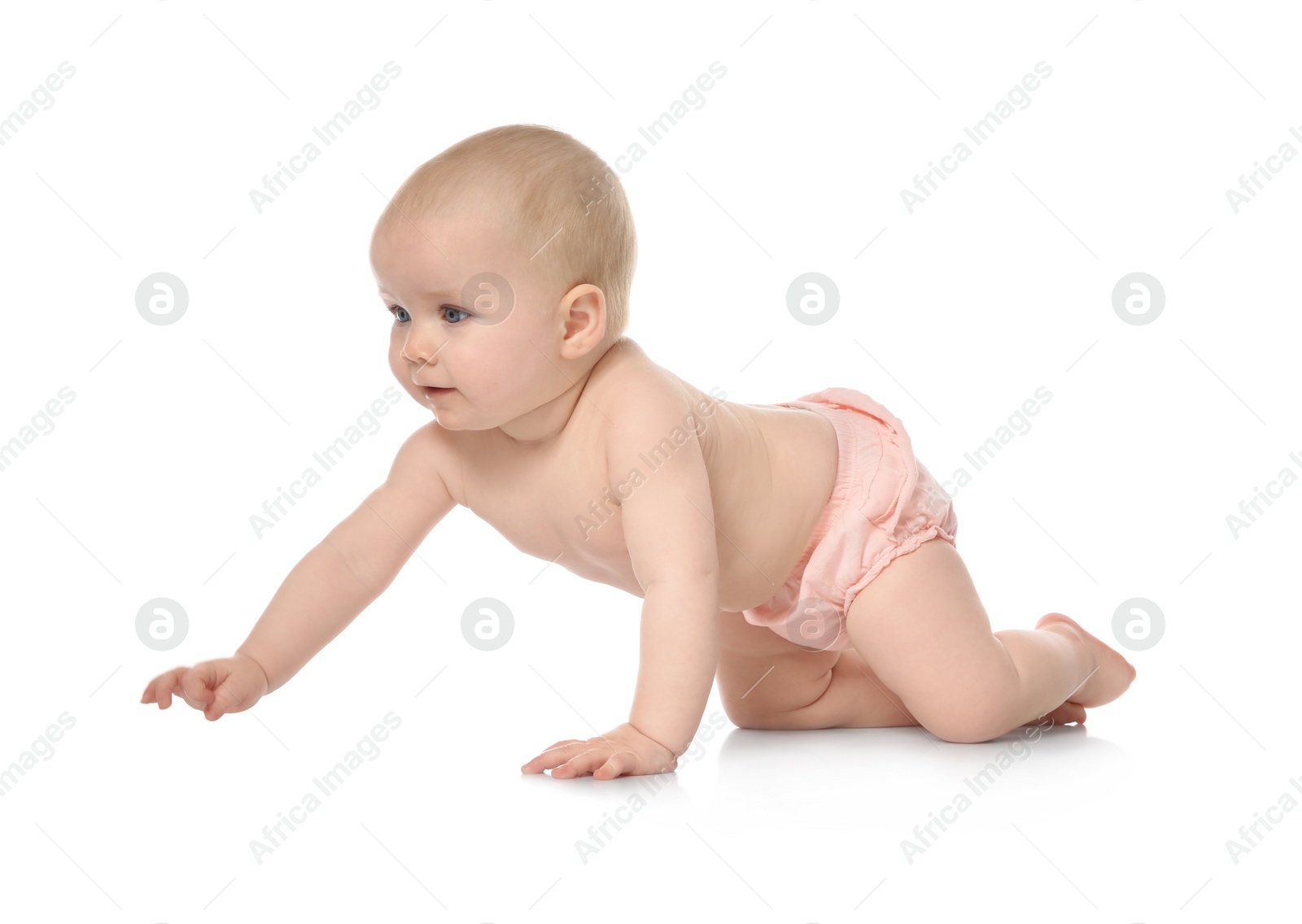 Photo of Cute little baby crawling on white background