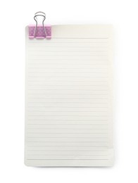 Photo of Lined notebook sheet with binder clip isolated on white, top view