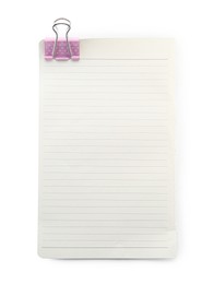 Lined notebook sheet with binder clip isolated on white, top view