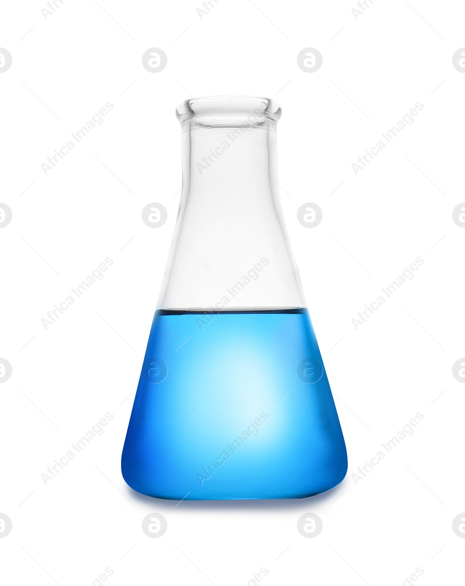 Photo of Conical flask with color liquid isolated on white. Chemistry glassware