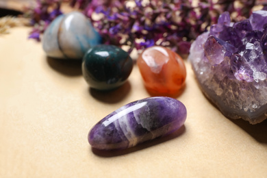 Photo of Composition with different gemstones and healing herbs on table, closeup