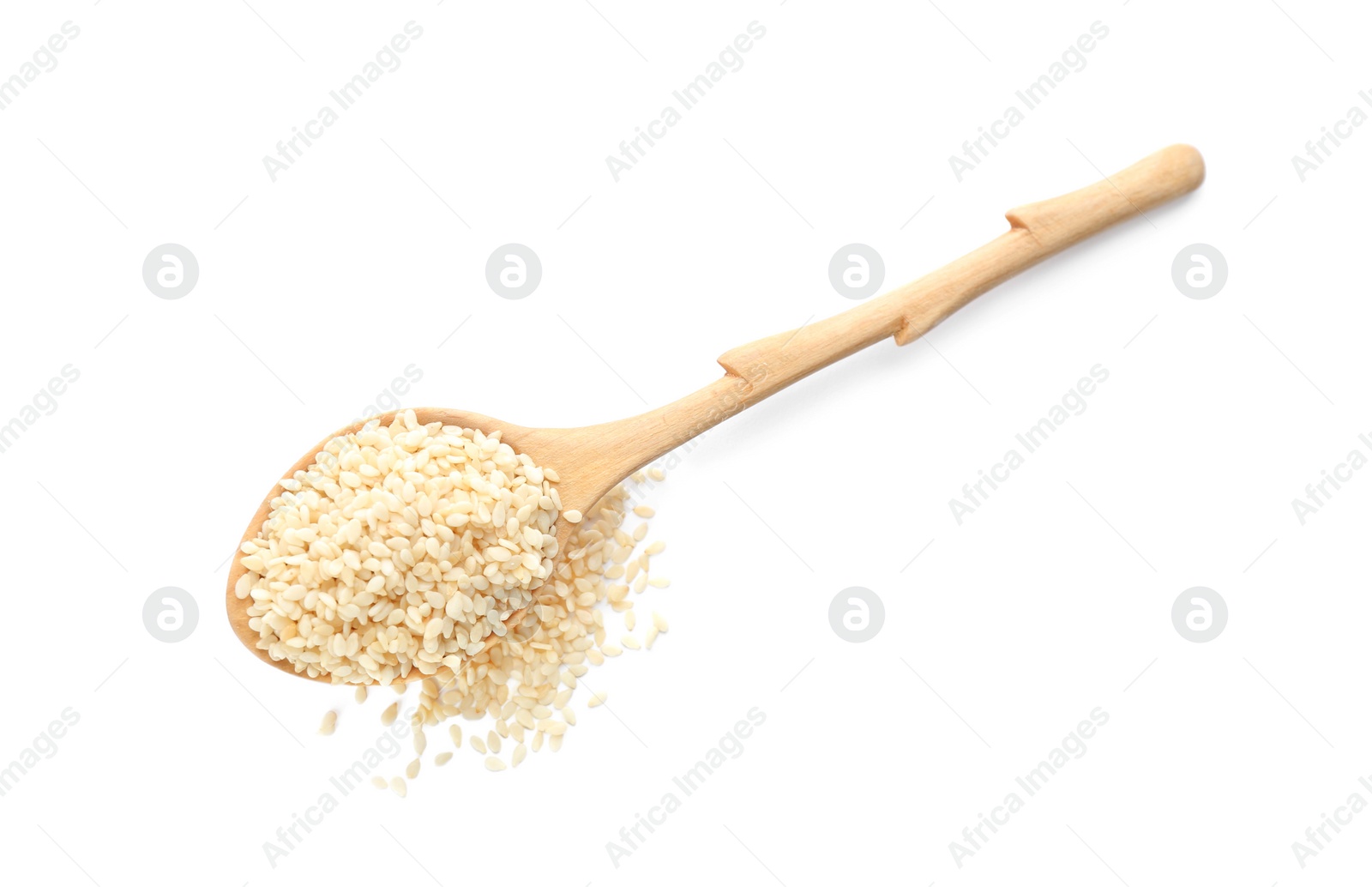 Photo of Wooden spoon with sesame seeds on white background, top view