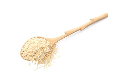 Photo of Wooden spoon with sesame seeds on white background, top view
