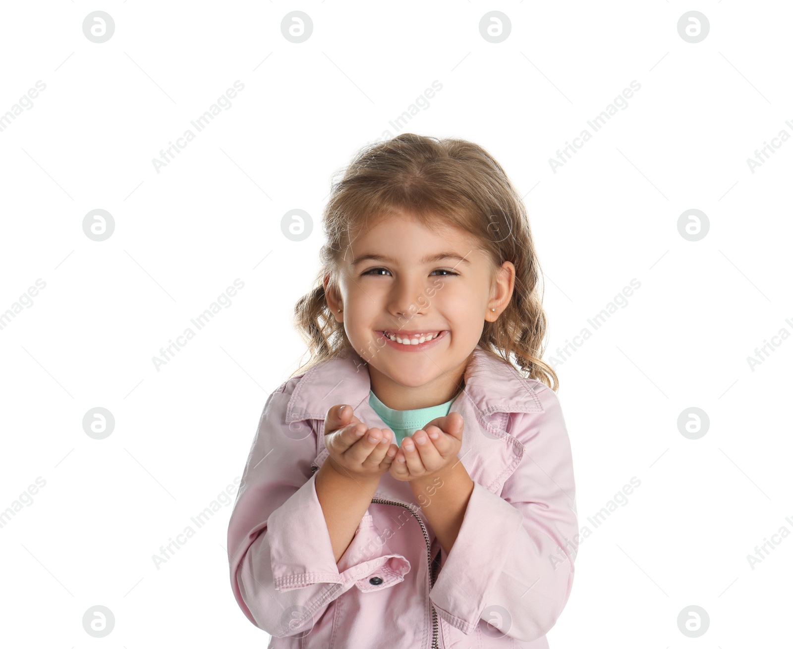 Photo of Portrait of cute little girl on white background