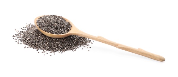 Wooden spoon with chia seeds on white background