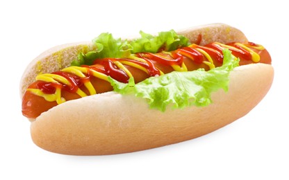 Photo of Tasty hot dog with lettuce, ketchup and mustard isolated on white