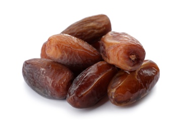 Sweet dates on white background. Dried fruit as healthy snack