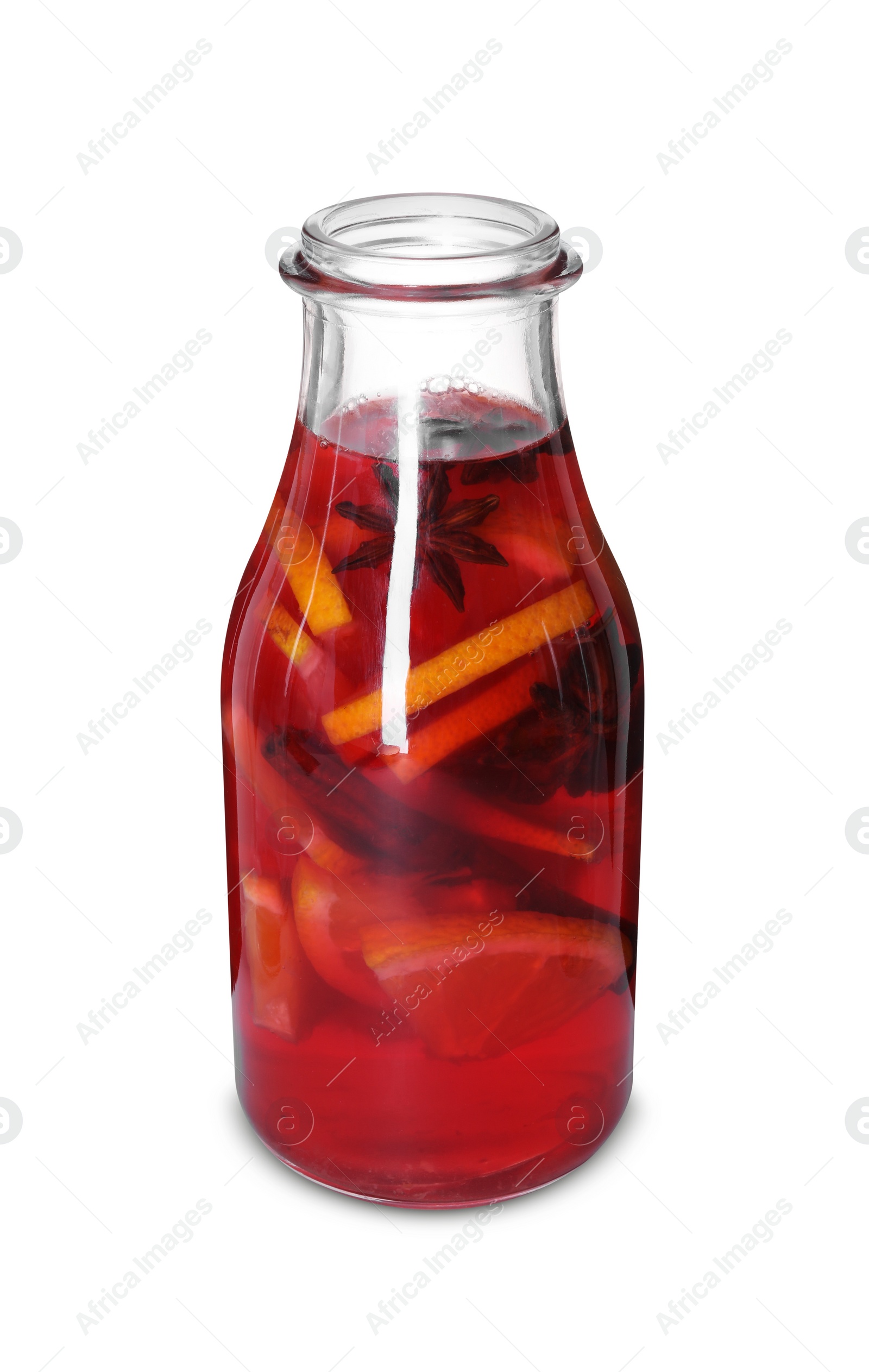 Photo of Bottle with tasty punch drink isolated on white