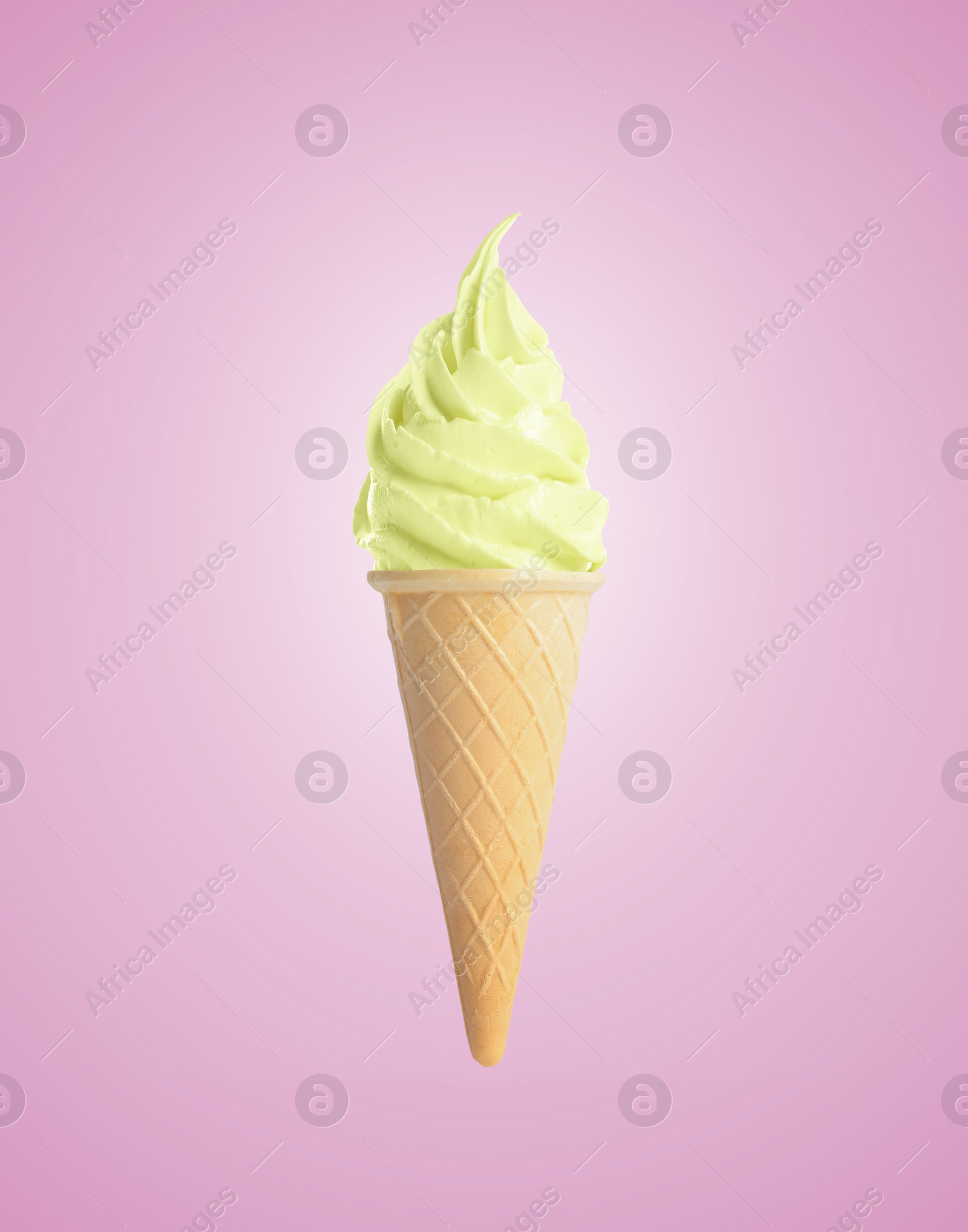 Image of Tasty ice cream in waffle cone on pastel violet background. Soft serve