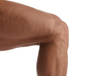 Man with muscular legs on white background, closeup