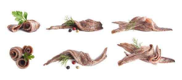 Image of Set with delicious anchovy fillets on white background. Banner design