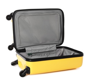 Photo of Open bright yellow suitcase on white background